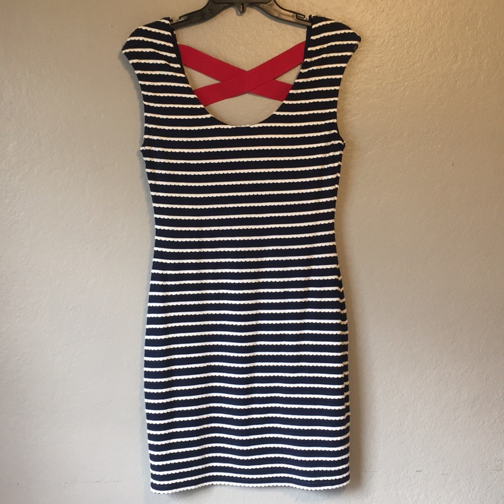 Guess midi fitted navy striped dress